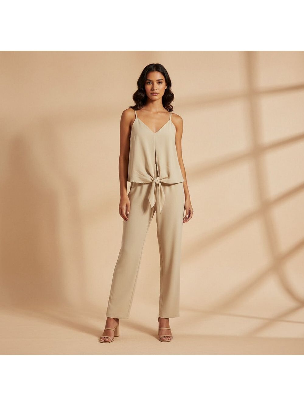TCEC Beige Tie-Front Sleeveless Jumpsuit S (17” PTP)